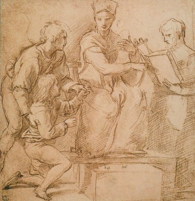 Vier figuren (Madonna en kind?), tekening door Raphael. Gabinetto dei Disegni e delle Stampe, Uffizi Gallery, Florence door Raffaello Sanzio Raphael